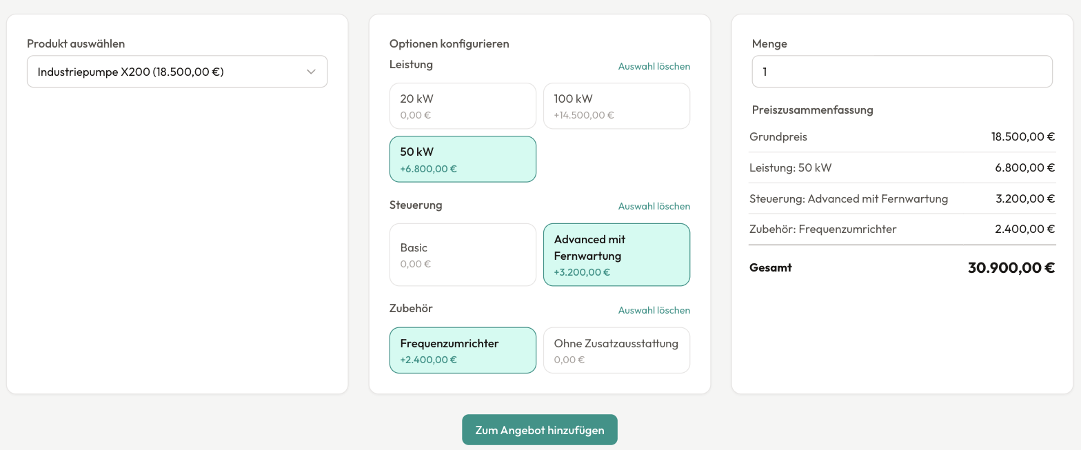Konfigurator in Onveda CPQ: Produkt wählen, Optionen für Leistung, Steuerung und Zubehör festlegen, rechts die Preiszusammenfassung